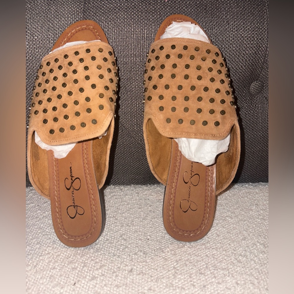 Jessica Simpson Tan Studded Suede Slide Mules